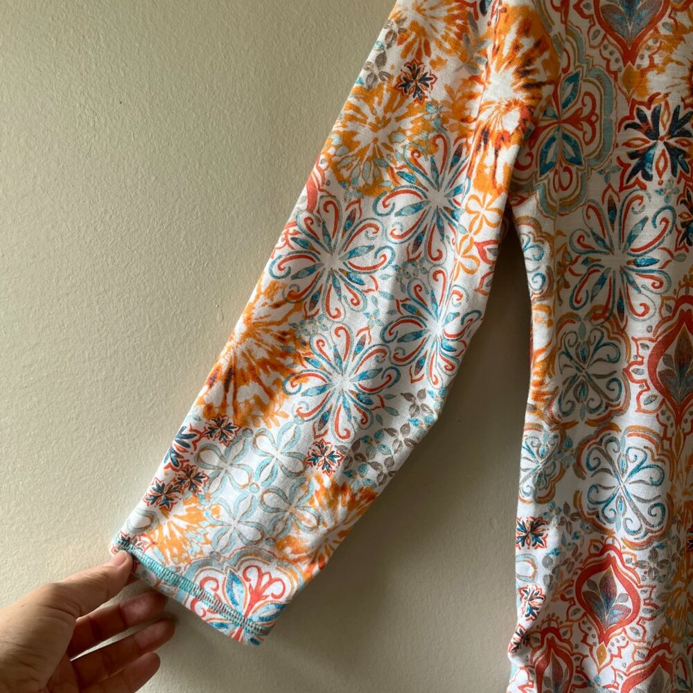 Talbots Sz M Split Neck Ruched Tee Pullover Blouse Freshwater Medallion Pattern - Picture 6 of 9